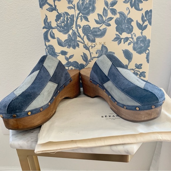 [🌟 PRICE FIRM] SEZANE x Sea NY Davia Clogs Denim Blue Suede Leather Patchwork - Picture 9 of 13